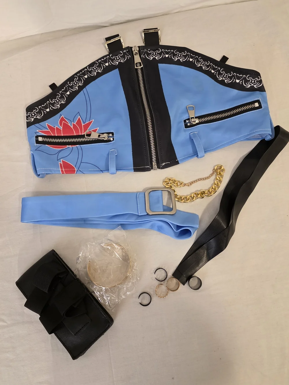 Zoey Cosplay Costume Set Blue Lotus Crop Top Orange Pants Accessories Complete
